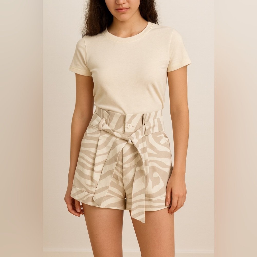 Anine Bing High-Waisted Zebra Print Shorts pleated neutral cream beige 38 4 6